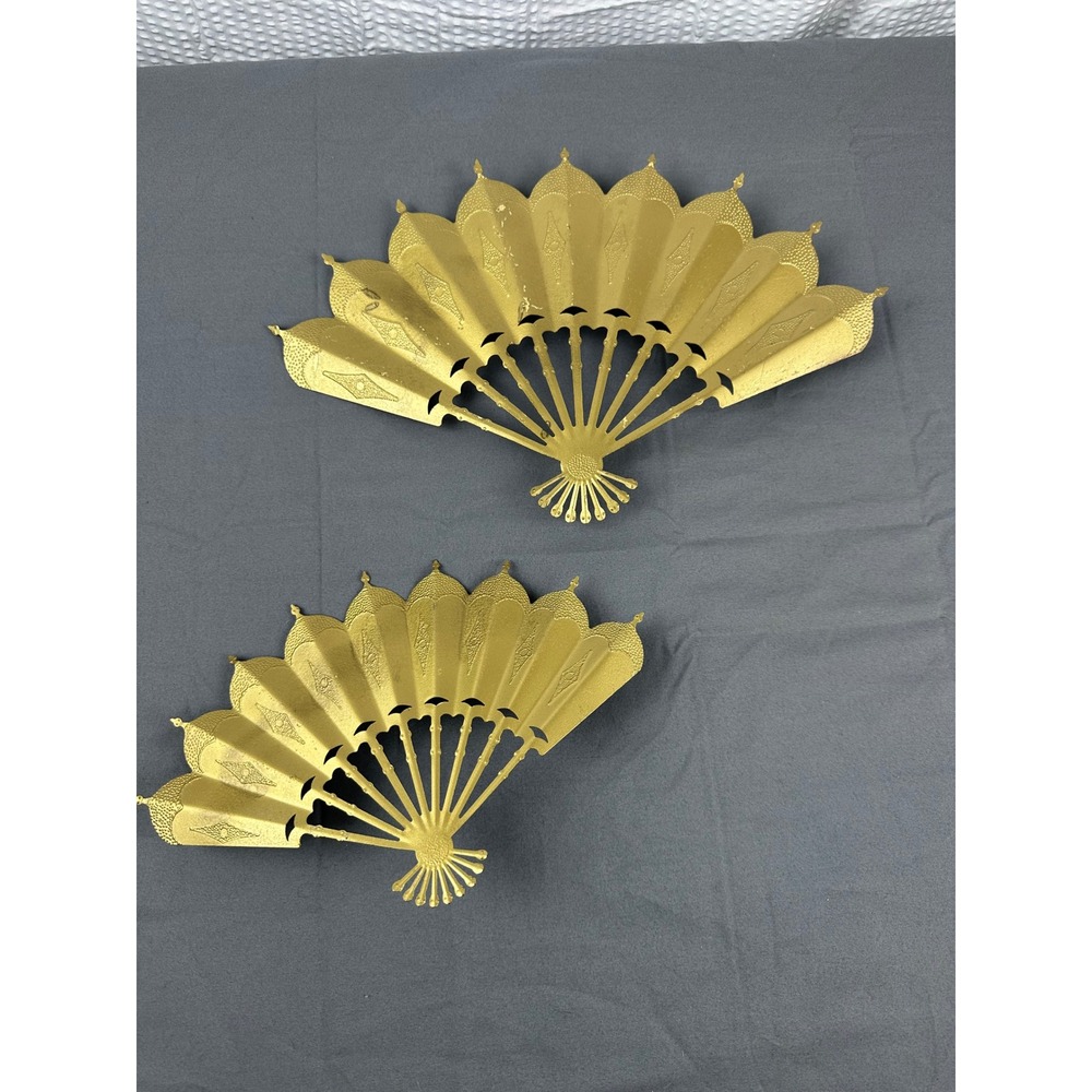 Vintage HOMCO‎ Gold Metal Fan Wall Decor Set Hollywood Regency MCM Pair